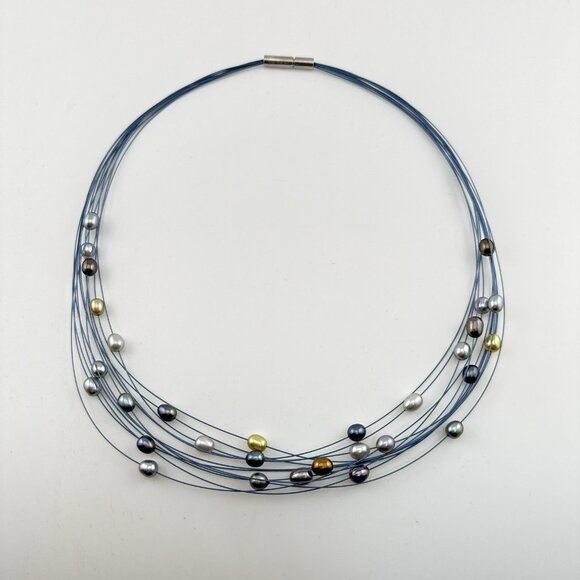 Honora Pearl Necklace Illusion Wire Blue Multi Color Gray Multi Strand Box - Picture 2 of 15